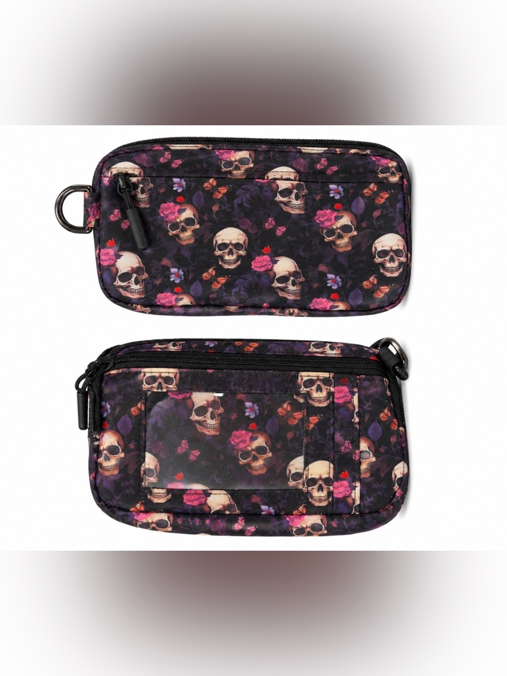 Skull & Roses Compact Wallet Wristlet - Black/Pink